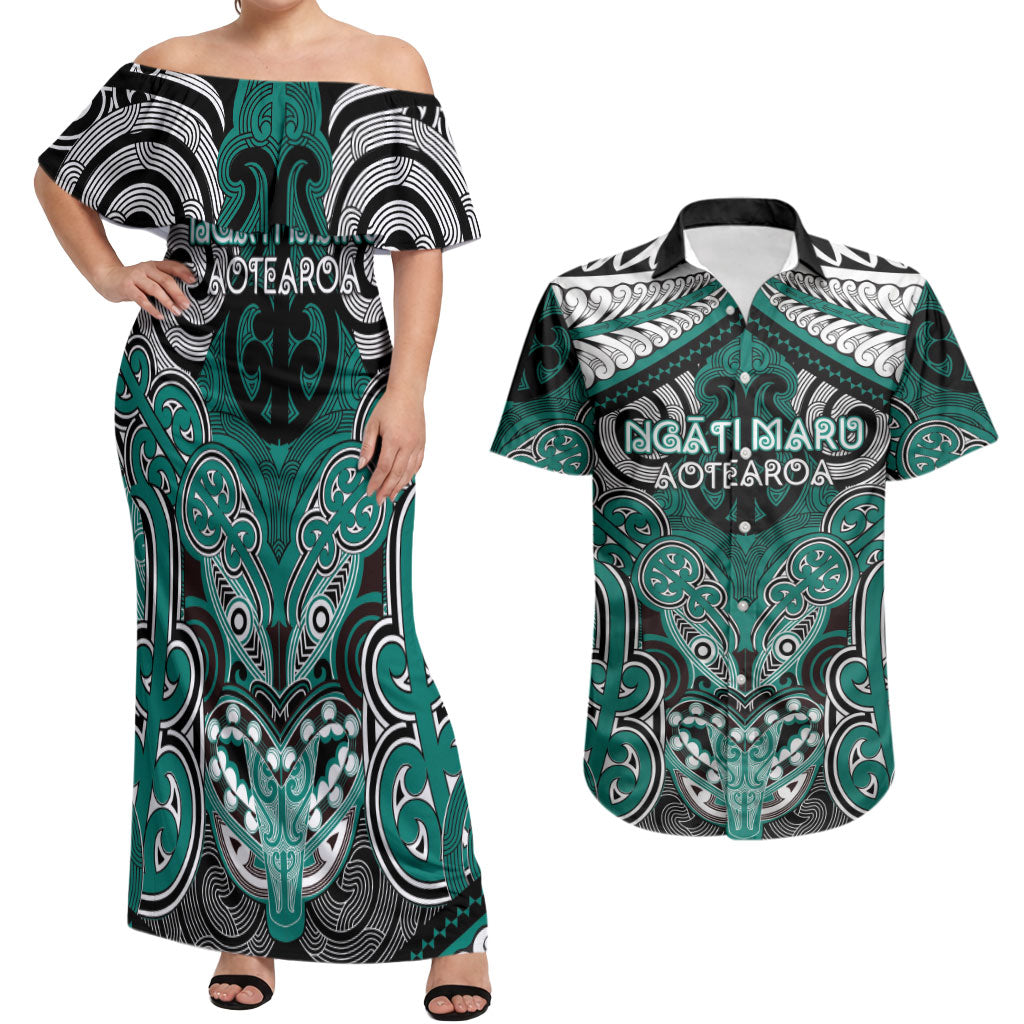 Aotearoa Iwi Ngati Maru Personalised Couples Matching Off Shoulder Maxi Dress and Hawaiian Shirt Maori Kowhaiwhai Pattern