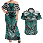 Aotearoa Iwi Ngati Maru Personalised Couples Matching Off Shoulder Maxi Dress and Hawaiian Shirt Maori Kowhaiwhai Pattern