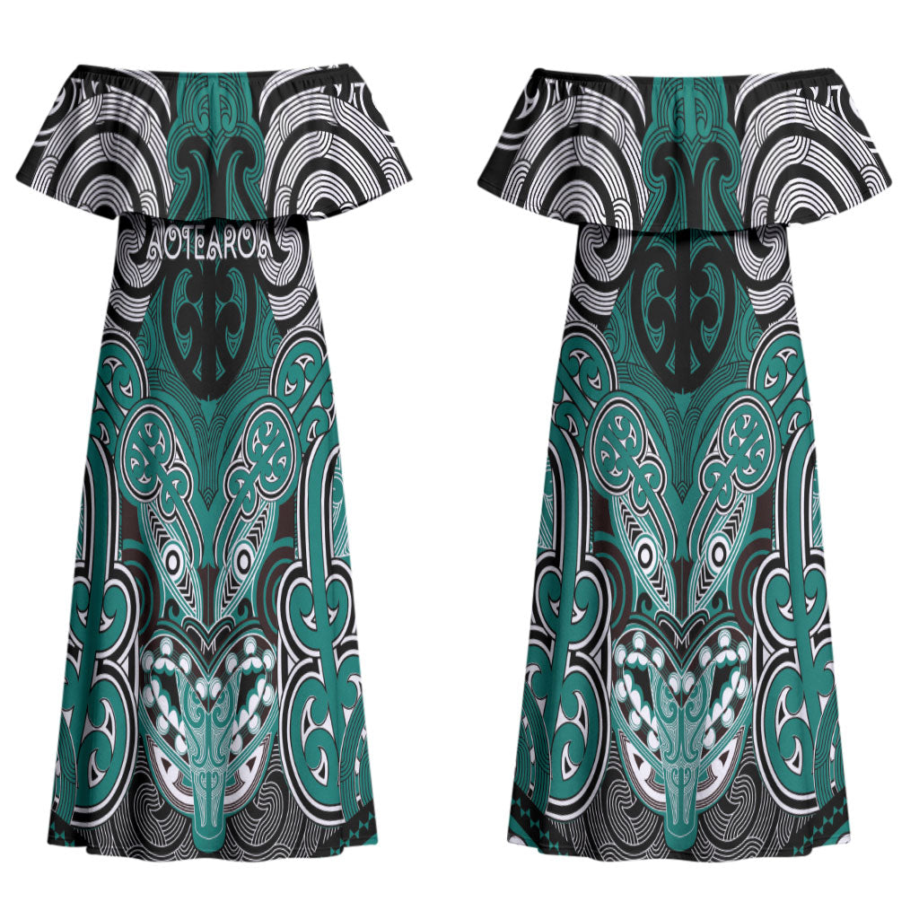 Aotearoa Iwi Ngati Maru Personalised Couples Matching Off Shoulder Maxi Dress and Hawaiian Shirt Maori Kowhaiwhai Pattern