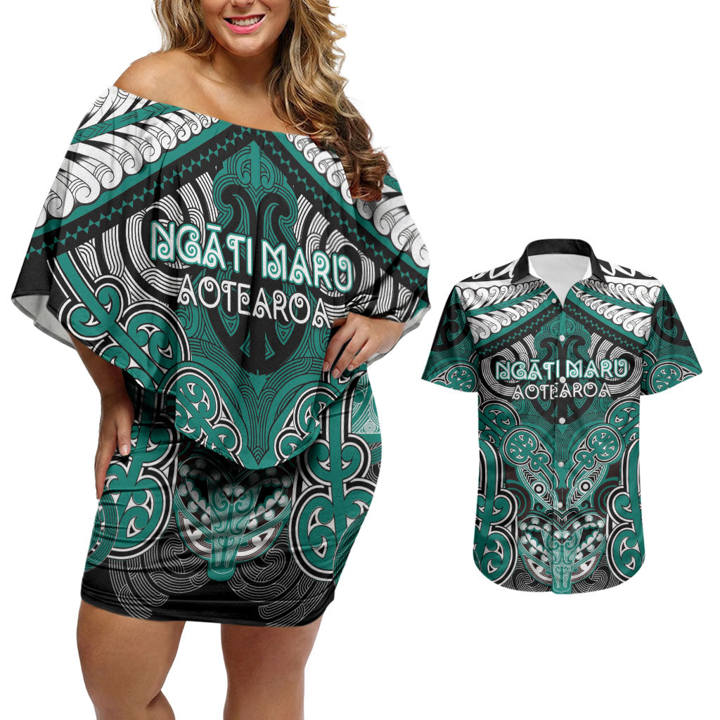 Aotearoa Iwi Ngati Maru Personalised Couples Matching Off Shoulder Short Dress and Hawaiian Shirt Maori Kowhaiwhai Pattern