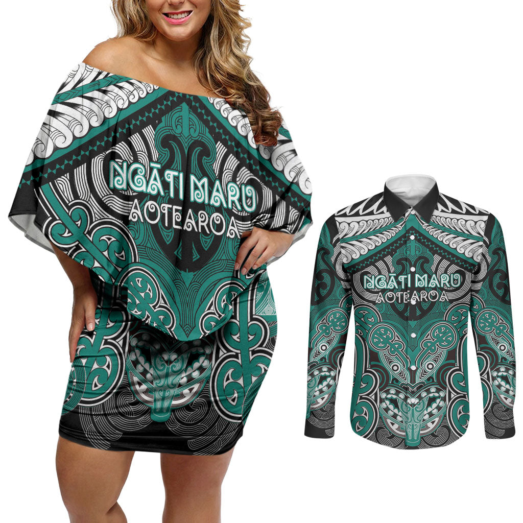 Aotearoa Iwi Ngati Maru Personalised Couples Matching Off Shoulder Short Dress and Long Sleeve Button Shirt Maori Kowhaiwhai Pattern