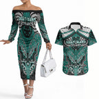 Aotearoa Iwi Ngati Maru Personalised Couples Matching Off The Shoulder Long Sleeve Dress and Hawaiian Shirt Maori Kowhaiwhai Pattern