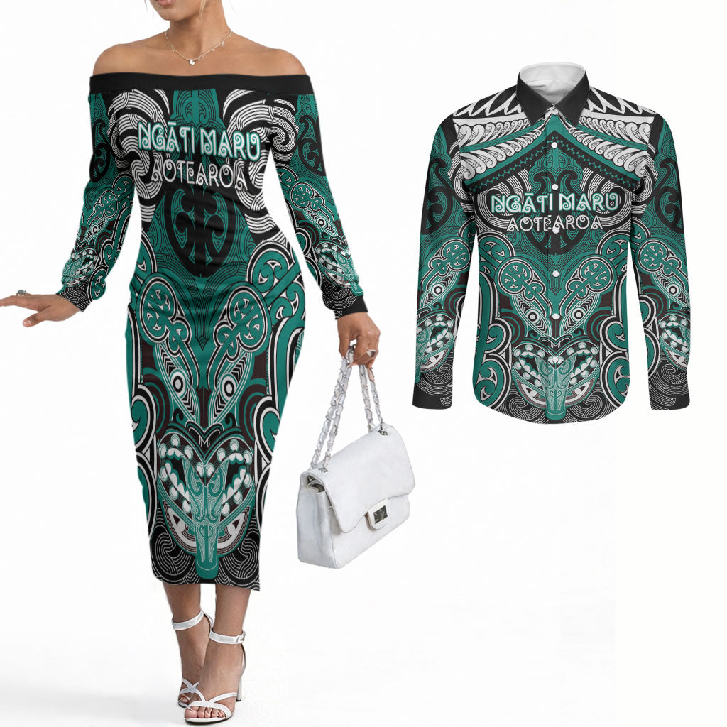 Aotearoa Iwi Ngati Maru Personalised Couples Matching Off The Shoulder Long Sleeve Dress and Long Sleeve Button Shirt Maori Kowhaiwhai Pattern