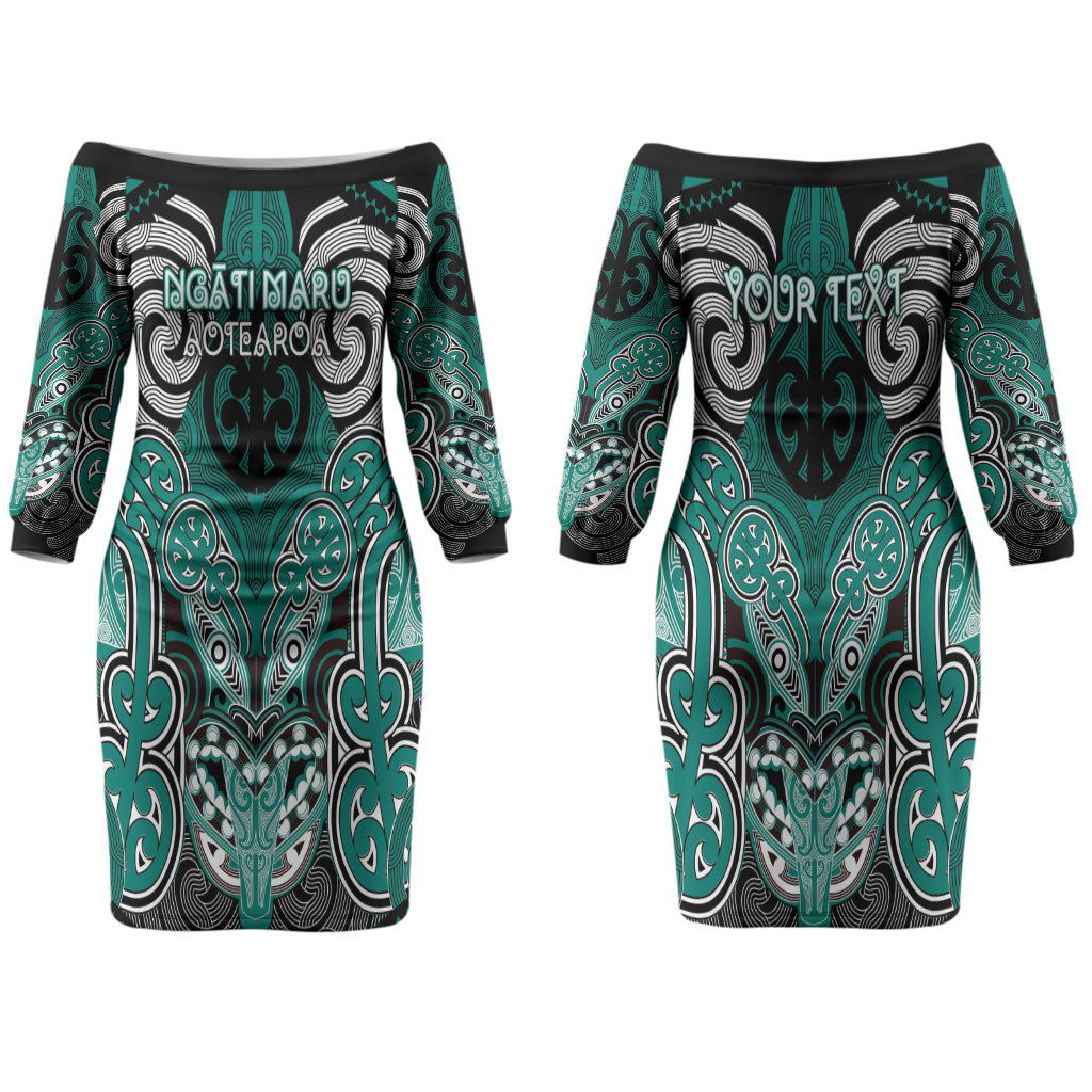 Aotearoa Iwi Ngati Maru Personalised Couples Matching Off The Shoulder Long Sleeve Dress and Long Sleeve Button Shirt Maori Kowhaiwhai Pattern