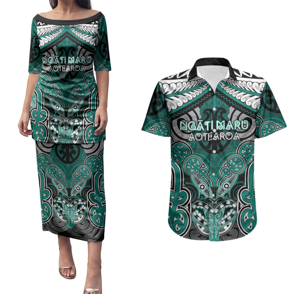 Aotearoa Iwi Ngati Maru Personalised Couples Matching Puletasi and Hawaiian Shirt Maori Kowhaiwhai Pattern