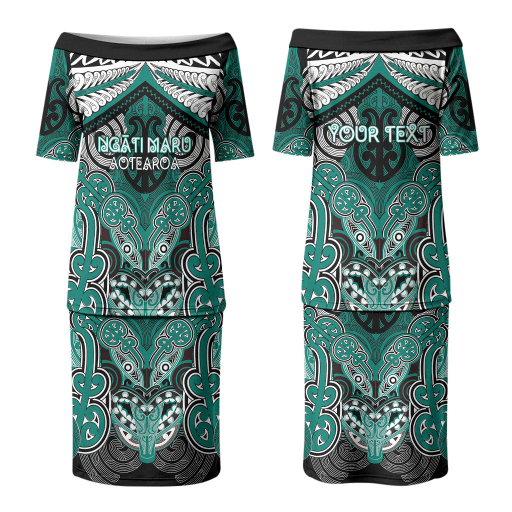 Aotearoa Iwi Ngati Maru Personalised Couples Matching Puletasi and Long Sleeve Button Shirt Maori Kowhaiwhai Pattern