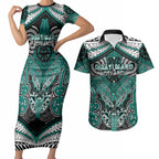 Aotearoa Iwi Ngati Maru Personalised Couples Matching Short Sleeve Bodycon Dress and Hawaiian Shirt Maori Kowhaiwhai Pattern