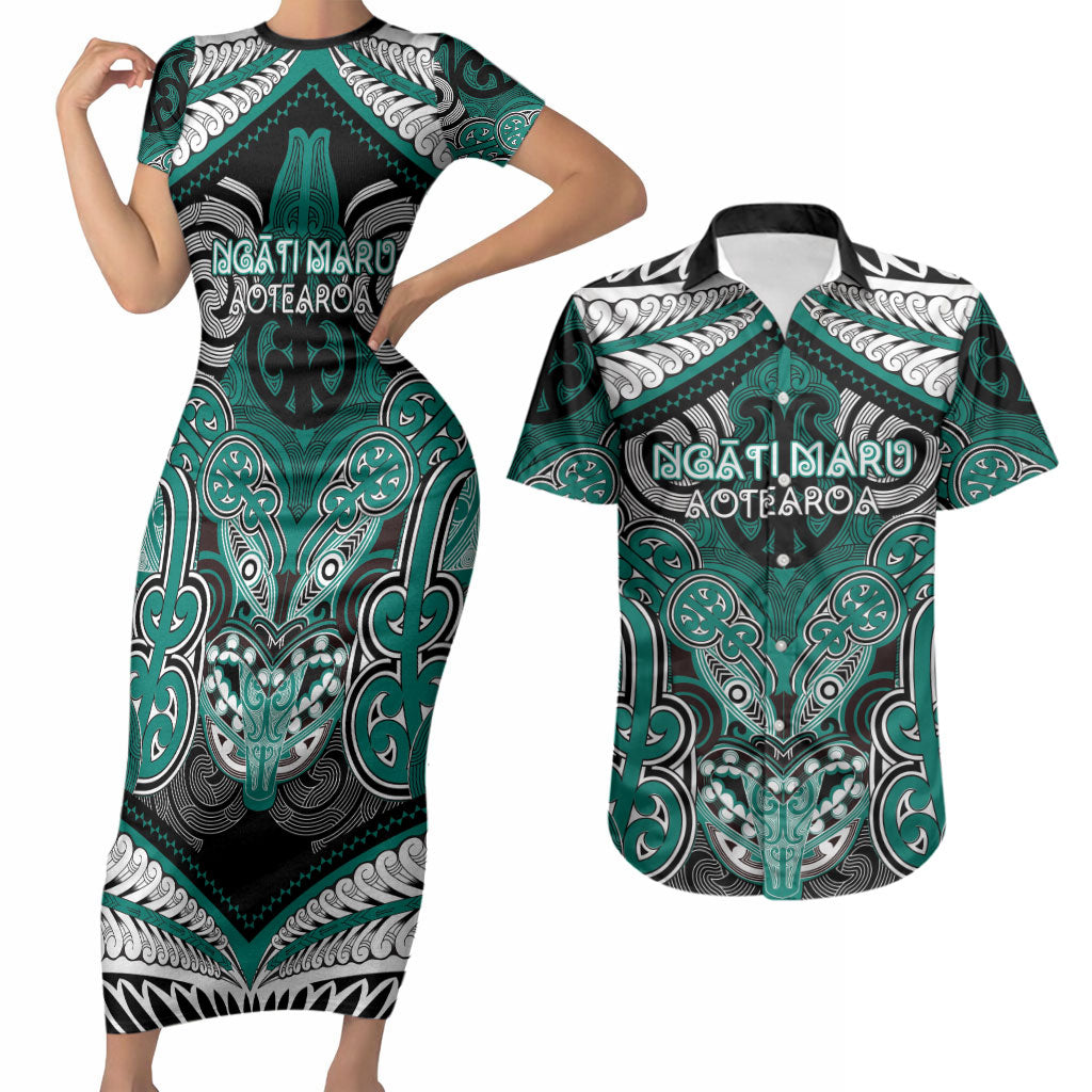 Aotearoa Iwi Ngati Maru Personalised Couples Matching Short Sleeve Bodycon Dress and Hawaiian Shirt Maori Kowhaiwhai Pattern