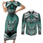 Aotearoa Iwi Ngati Maru Personalised Couples Matching Short Sleeve Bodycon Dress and Long Sleeve Button Shirt Maori Kowhaiwhai Pattern