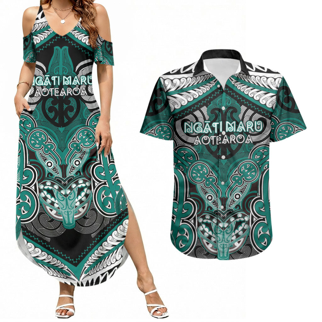 Aotearoa Iwi Ngati Maru Personalised Couples Matching Summer Maxi Dress and Hawaiian Shirt Maori Kowhaiwhai Pattern