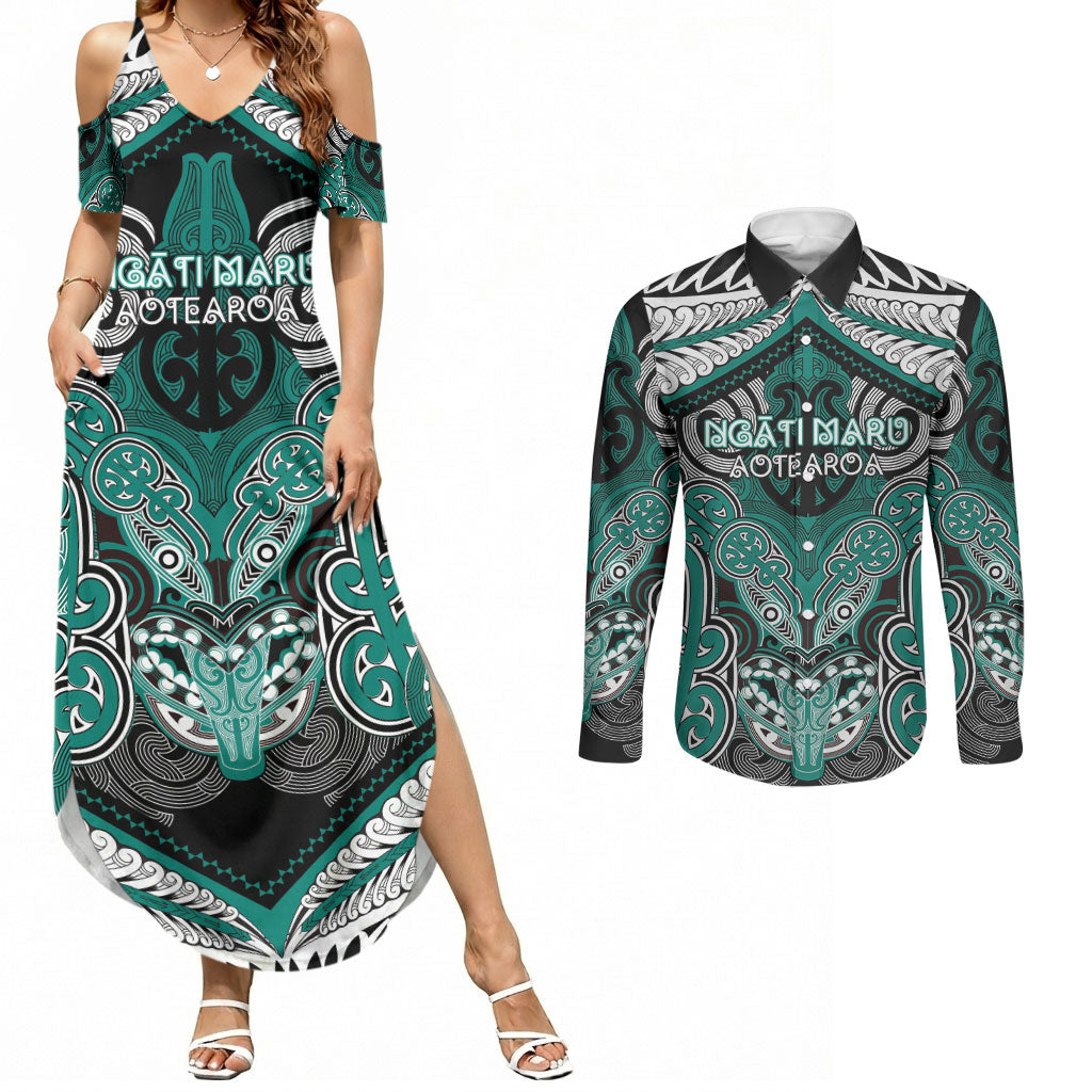 Aotearoa Iwi Ngati Maru Personalised Couples Matching Summer Maxi Dress and Long Sleeve Button Shirt Maori Kowhaiwhai Pattern