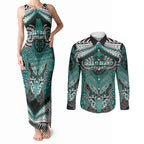 Aotearoa Iwi Ngati Maru Personalised Couples Matching Tank Maxi Dress and Long Sleeve Button Shirt Maori Kowhaiwhai Pattern