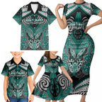 Aotearoa Iwi Ngati Maru Personalised Family Matching Short Sleeve Bodycon Dress and Hawaiian Shirt Maori Kowhaiwhai Pattern
