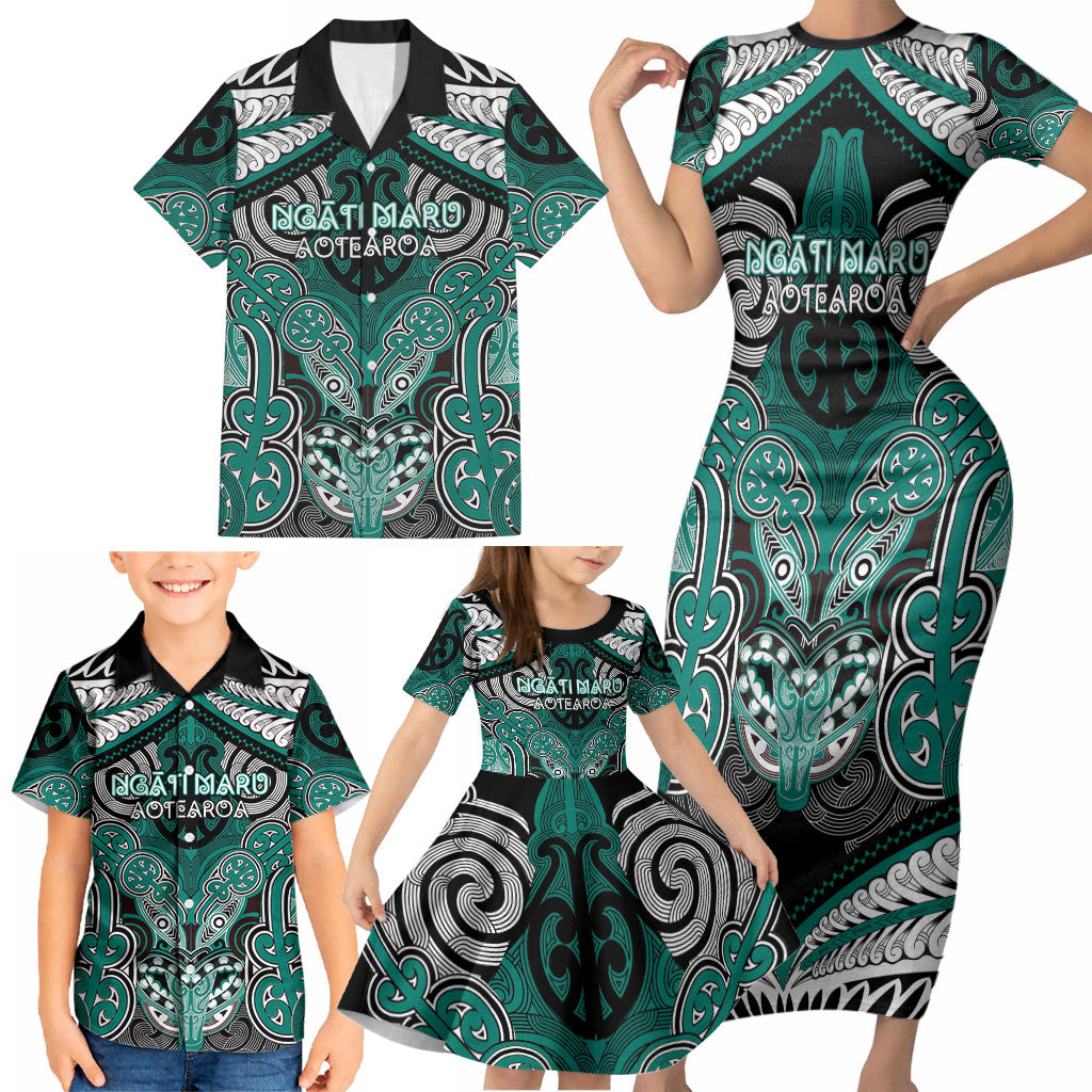 Aotearoa Iwi Ngati Maru Personalised Family Matching Short Sleeve Bodycon Dress and Hawaiian Shirt Maori Kowhaiwhai Pattern