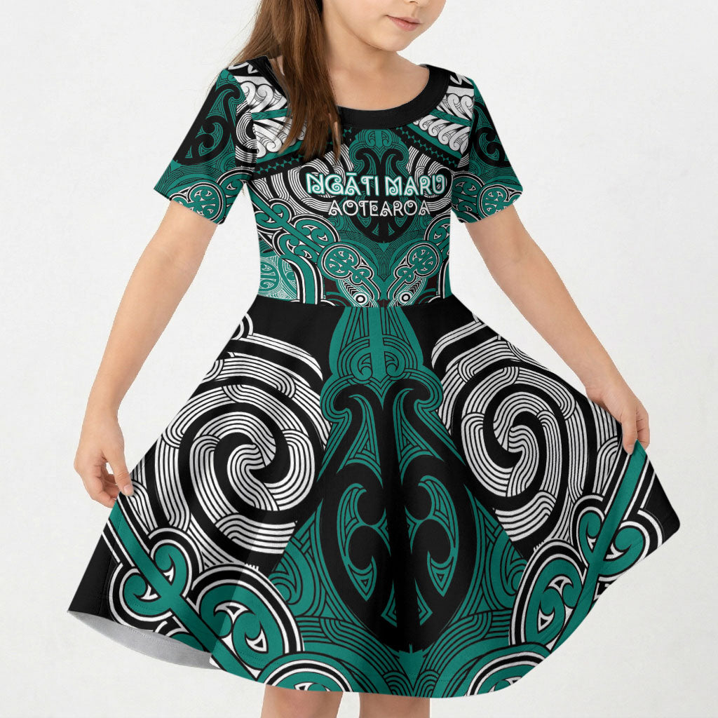 Aotearoa Iwi Ngati Maru Personalised Kid Short Sleeve Dress Maori Kowhaiwhai Pattern