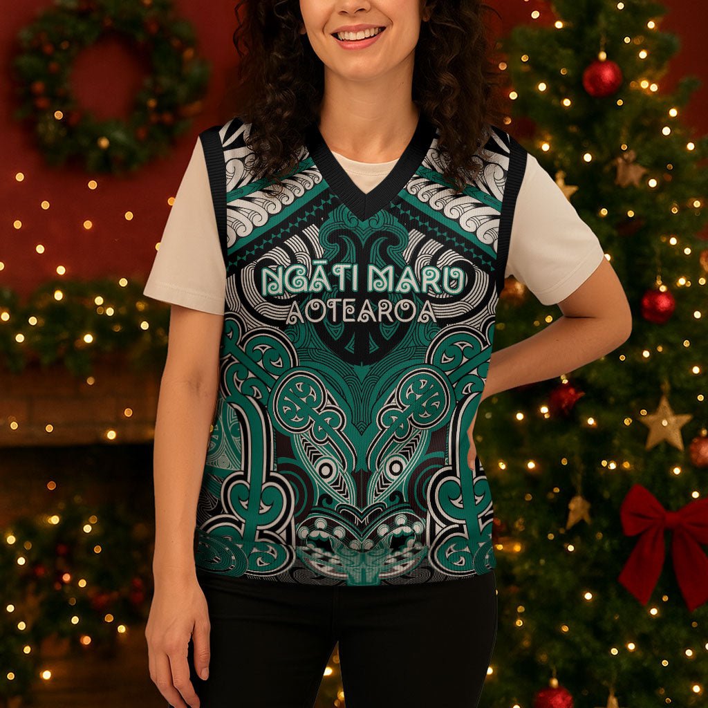 Aotearoa Iwi Ngati Maru Personalised Christmas Knitted V-Neck Vest Maori Kowhaiwhai Pattern