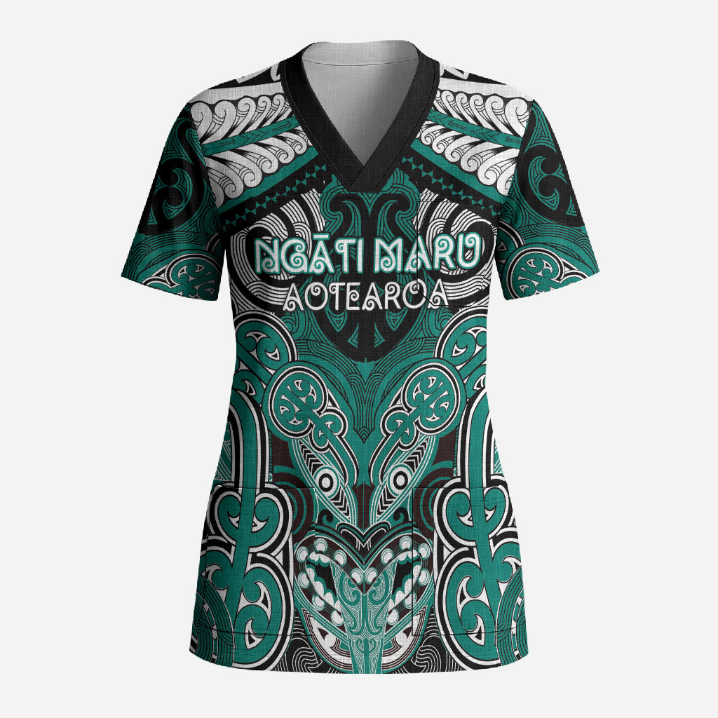 Aotearoa Iwi Ngati Maru Personalised Scrub Top Maori Kowhaiwhai Pattern