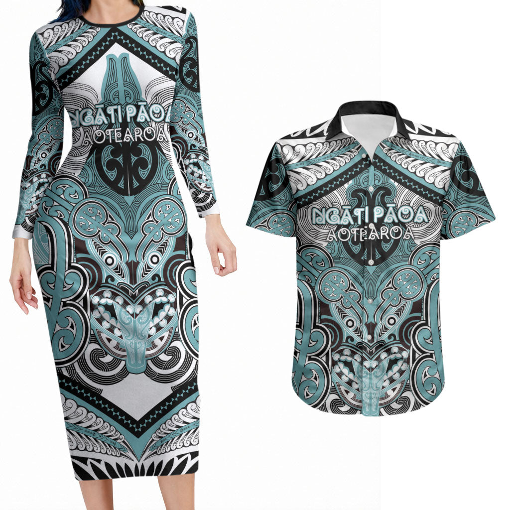 Aotearoa Iwi Ngati Paoa Personalised Couples Matching Long Sleeve Bodycon Dress and Hawaiian Shirt Maori Kowhaiwhai Pattern