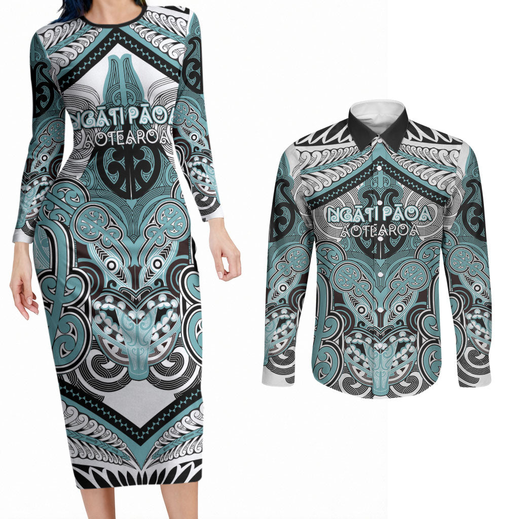 Aotearoa Iwi Ngati Paoa Personalised Couples Matching Long Sleeve Bodycon Dress and Long Sleeve Button Shirt Maori Kowhaiwhai Pattern