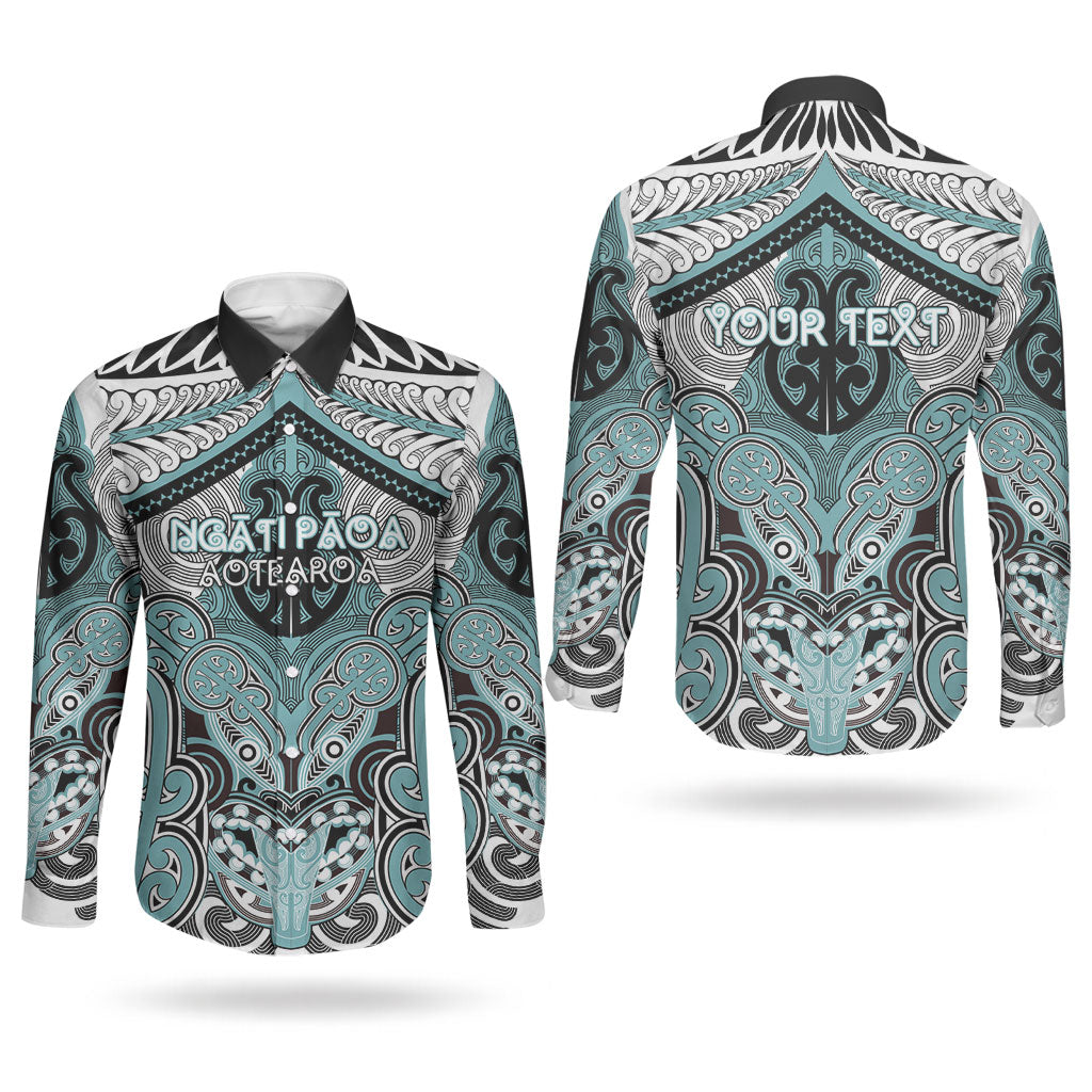 Aotearoa Iwi Ngati Paoa Personalised Couples Matching Long Sleeve Bodycon Dress and Long Sleeve Button Shirt Maori Kowhaiwhai Pattern
