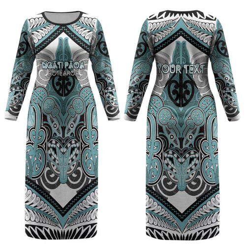 Aotearoa Iwi Ngati Paoa Personalised Couples Matching Long Sleeve Bodycon Dress and Long Sleeve Button Shirt Maori Kowhaiwhai Pattern