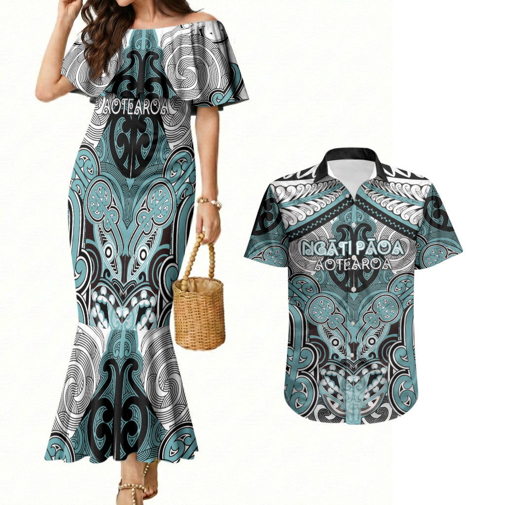 Aotearoa Iwi Ngati Paoa Personalised Couples Matching Mermaid Dress and Hawaiian Shirt Maori Kowhaiwhai Pattern