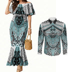 Aotearoa Iwi Ngati Paoa Personalised Couples Matching Mermaid Dress and Long Sleeve Button Shirt Maori Kowhaiwhai Pattern