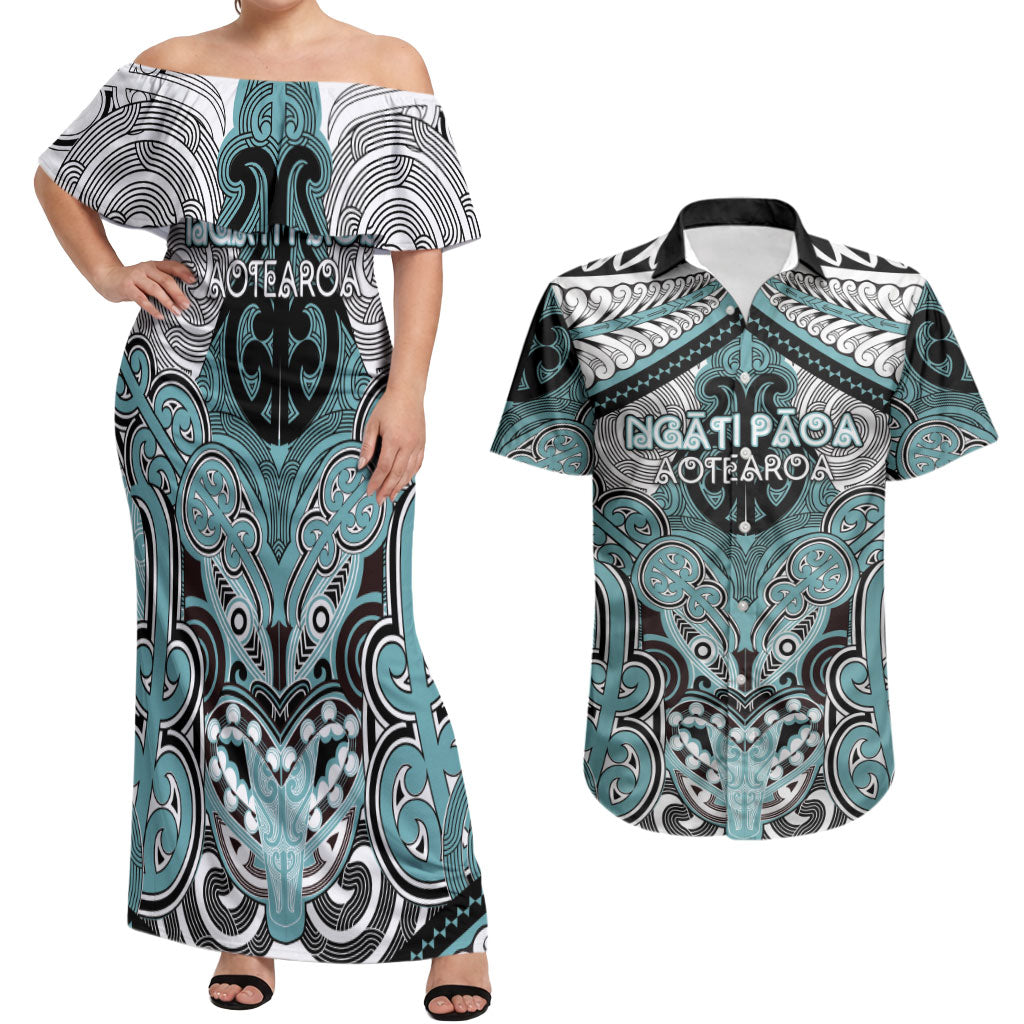 Aotearoa Iwi Ngati Paoa Personalised Couples Matching Off Shoulder Maxi Dress and Hawaiian Shirt Maori Kowhaiwhai Pattern