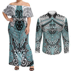 Aotearoa Iwi Ngati Paoa Personalised Couples Matching Off Shoulder Maxi Dress and Long Sleeve Button Shirt Maori Kowhaiwhai Pattern