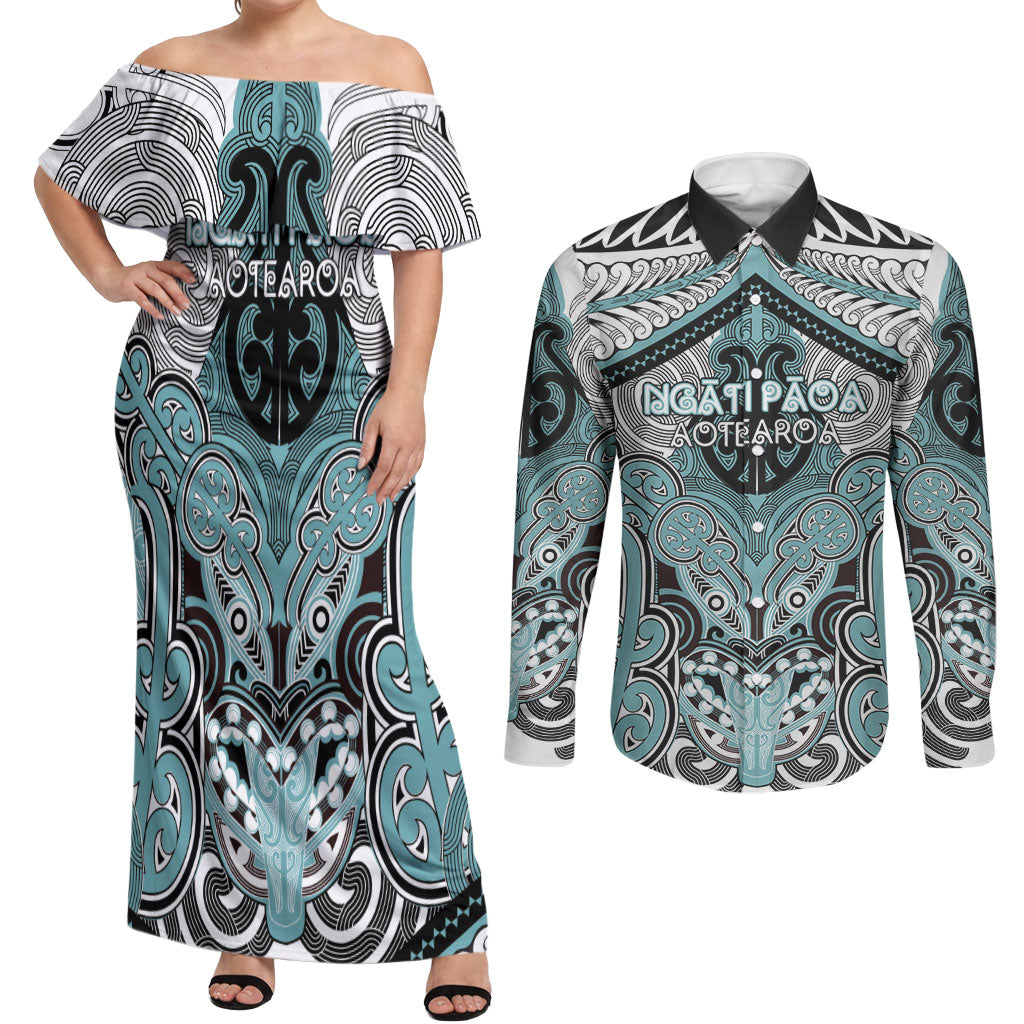 Aotearoa Iwi Ngati Paoa Personalised Couples Matching Off Shoulder Maxi Dress and Long Sleeve Button Shirt Maori Kowhaiwhai Pattern