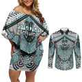 Aotearoa Iwi Ngati Paoa Personalised Couples Matching Off Shoulder Short Dress and Long Sleeve Button Shirt Maori Kowhaiwhai Pattern