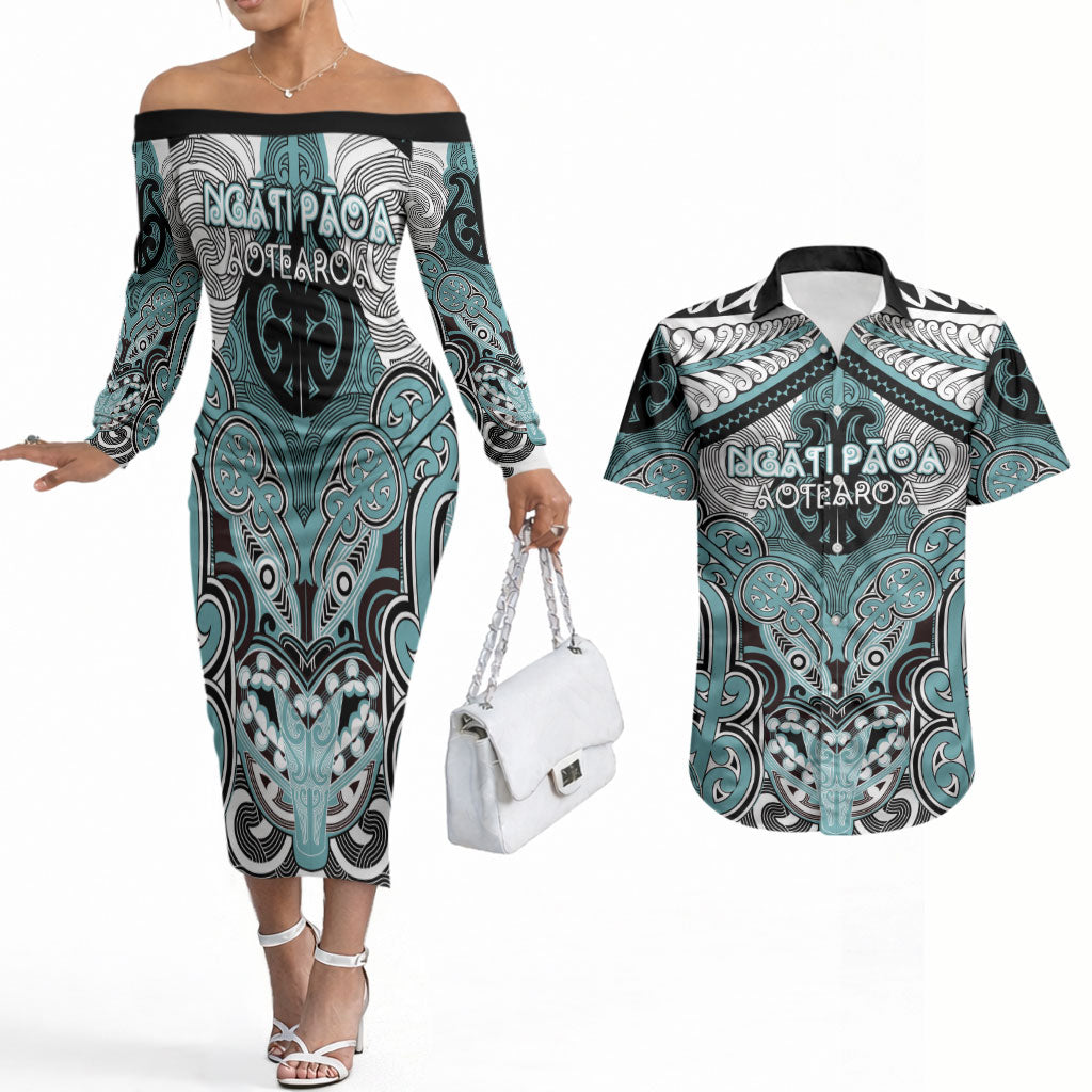 Aotearoa Iwi Ngati Paoa Personalised Couples Matching Off The Shoulder Long Sleeve Dress and Hawaiian Shirt Maori Kowhaiwhai Pattern
