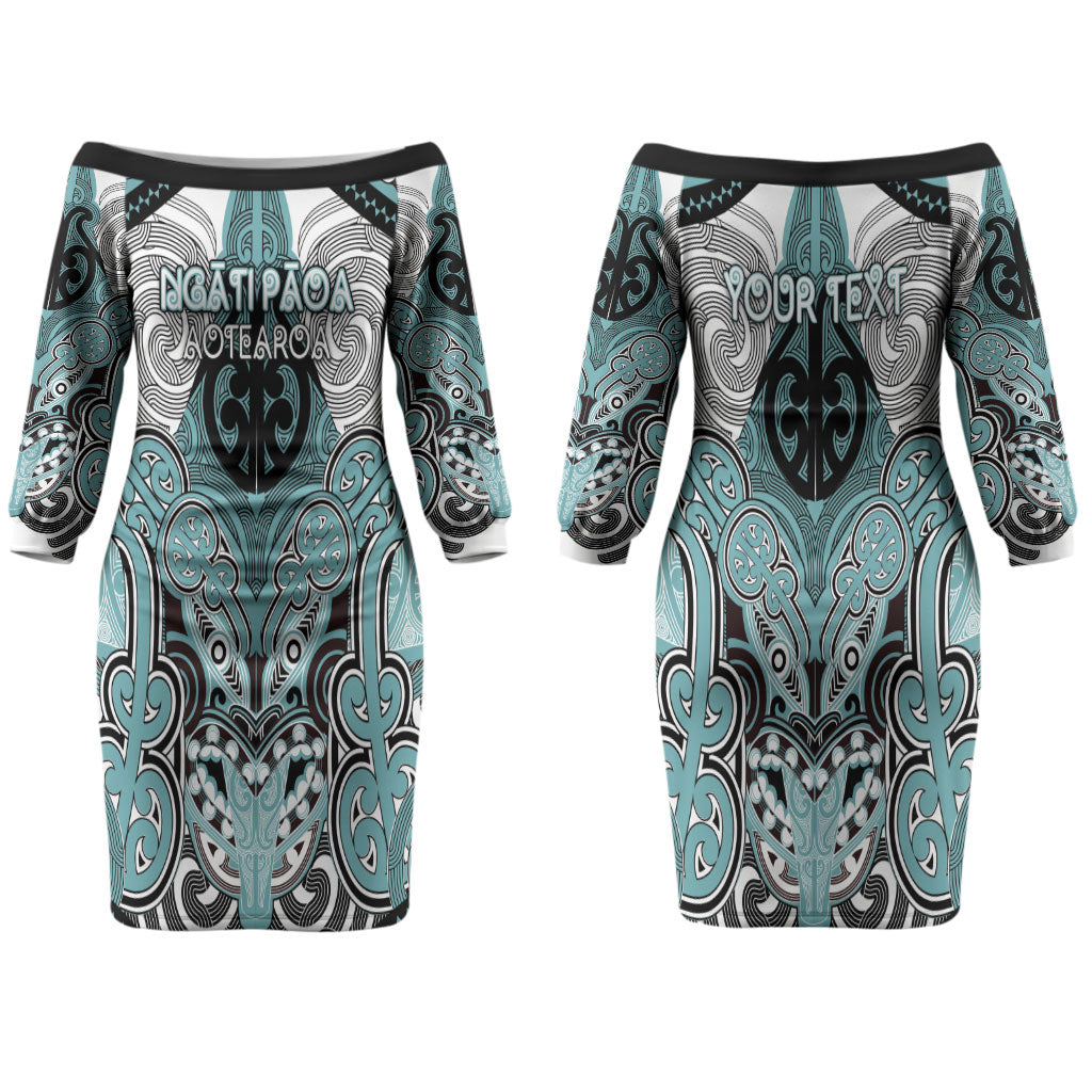 Aotearoa Iwi Ngati Paoa Personalised Couples Matching Off The Shoulder Long Sleeve Dress and Hawaiian Shirt Maori Kowhaiwhai Pattern