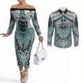 Aotearoa Iwi Ngati Paoa Personalised Couples Matching Off The Shoulder Long Sleeve Dress and Long Sleeve Button Shirt Maori Kowhaiwhai Pattern