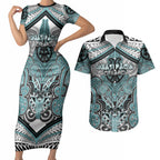 Aotearoa Iwi Ngati Paoa Personalised Couples Matching Short Sleeve Bodycon Dress and Hawaiian Shirt Maori Kowhaiwhai Pattern