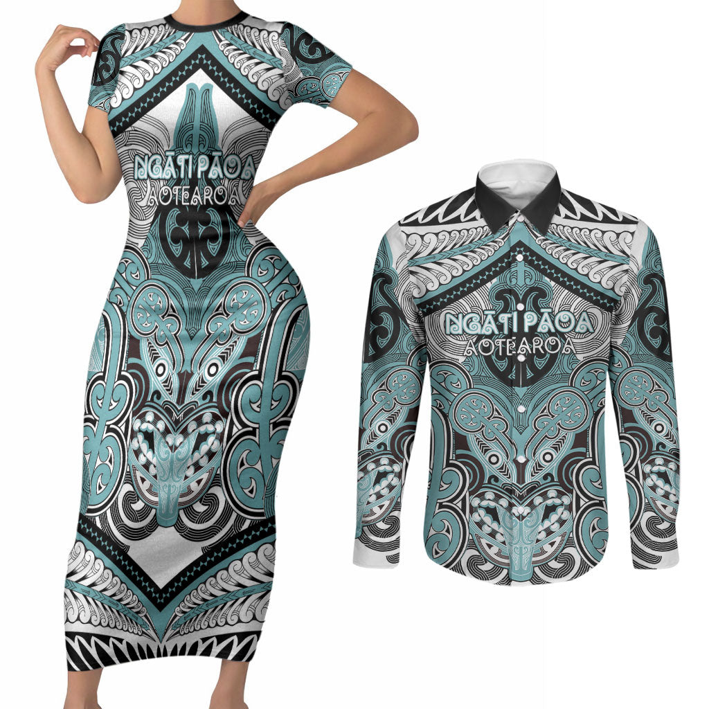 Aotearoa Iwi Ngati Paoa Personalised Couples Matching Short Sleeve Bodycon Dress and Long Sleeve Button Shirt Maori Kowhaiwhai Pattern