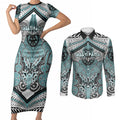 Aotearoa Iwi Ngati Paoa Personalised Couples Matching Short Sleeve Bodycon Dress and Long Sleeve Button Shirt Maori Kowhaiwhai Pattern