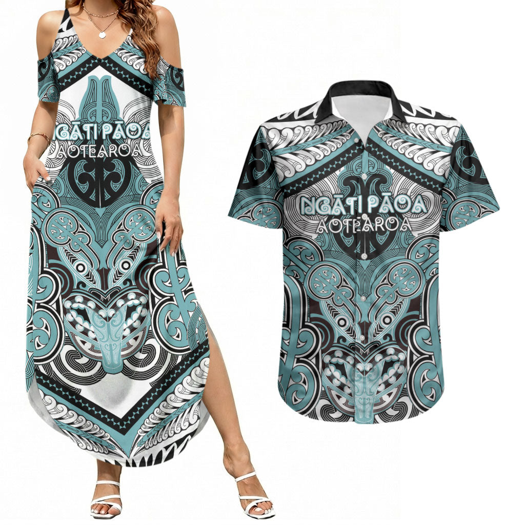Aotearoa Iwi Ngati Paoa Personalised Couples Matching Summer Maxi Dress and Hawaiian Shirt Maori Kowhaiwhai Pattern
