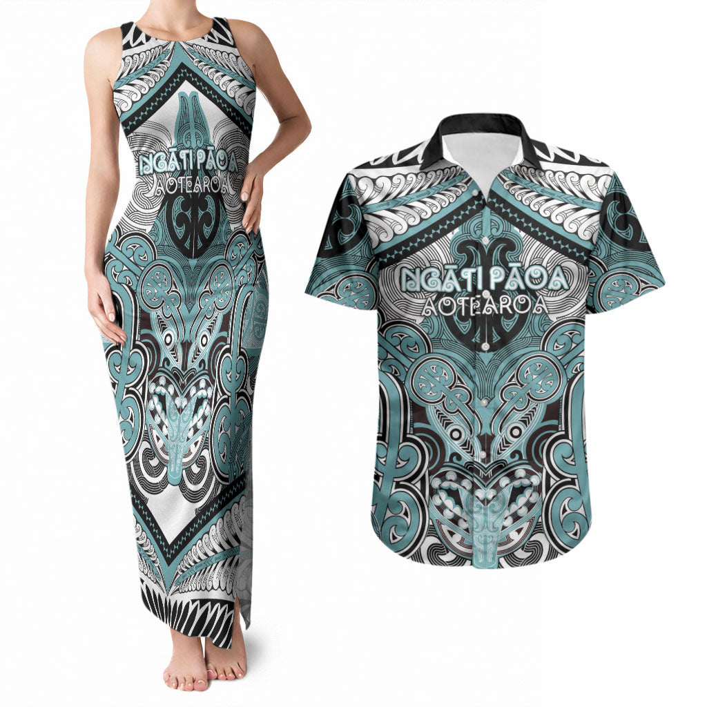 Aotearoa Iwi Ngati Paoa Personalised Couples Matching Tank Maxi Dress and Hawaiian Shirt Maori Kowhaiwhai Pattern