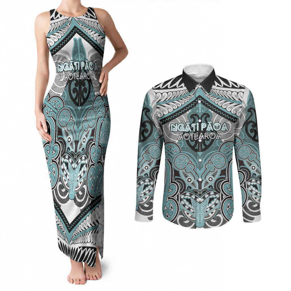 Aotearoa Iwi Ngati Paoa Personalised Couples Matching Tank Maxi Dress and Long Sleeve Button Shirt Maori Kowhaiwhai Pattern