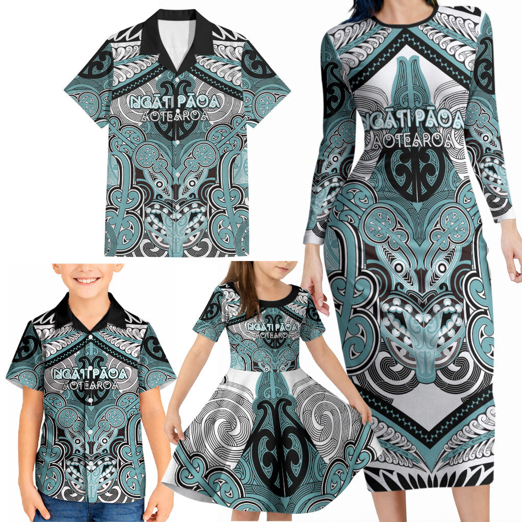Aotearoa Iwi Ngati Paoa Personalised Family Matching Long Sleeve Bodycon Dress and Hawaiian Shirt Maori Kowhaiwhai Pattern