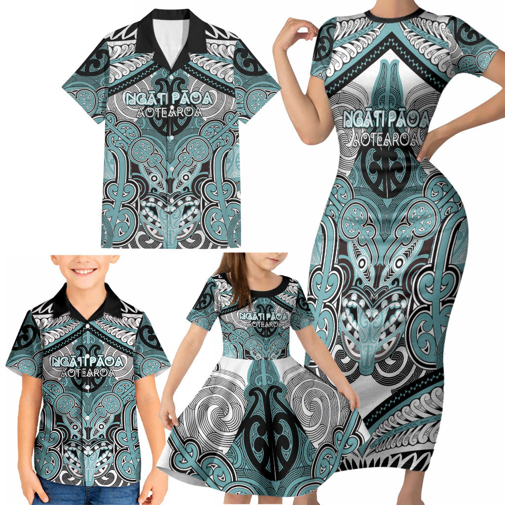 Aotearoa Iwi Ngati Paoa Personalised Family Matching Short Sleeve Bodycon Dress and Hawaiian Shirt Maori Kowhaiwhai Pattern
