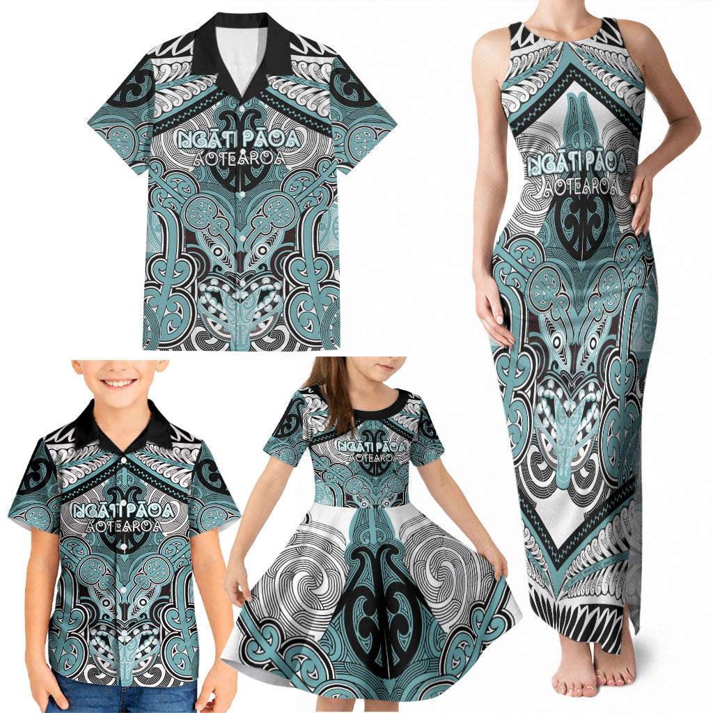 Aotearoa Iwi Ngati Paoa Personalised Family Matching Tank Maxi Dress and Hawaiian Shirt Maori Kowhaiwhai Pattern