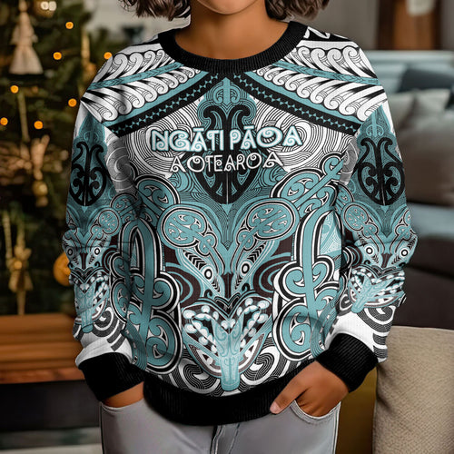 Aotearoa Iwi Ngati Paoa Personalised Kid Ugly Christmas Sweater Maori Kowhaiwhai Pattern
