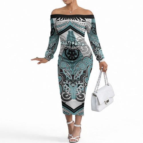 Aotearoa Iwi Ngati Paoa Personalised Off The Shoulder Long Sleeve Dress Maori Kowhaiwhai Pattern