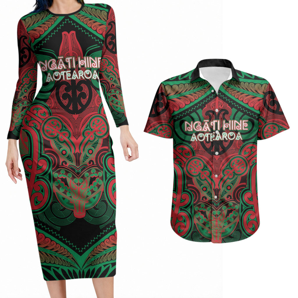 Aotearoa Iwi Ngati Hine Personalised Couples Matching Long Sleeve Bodycon Dress and Hawaiian Shirt Maori Kowhaiwhai Pattern