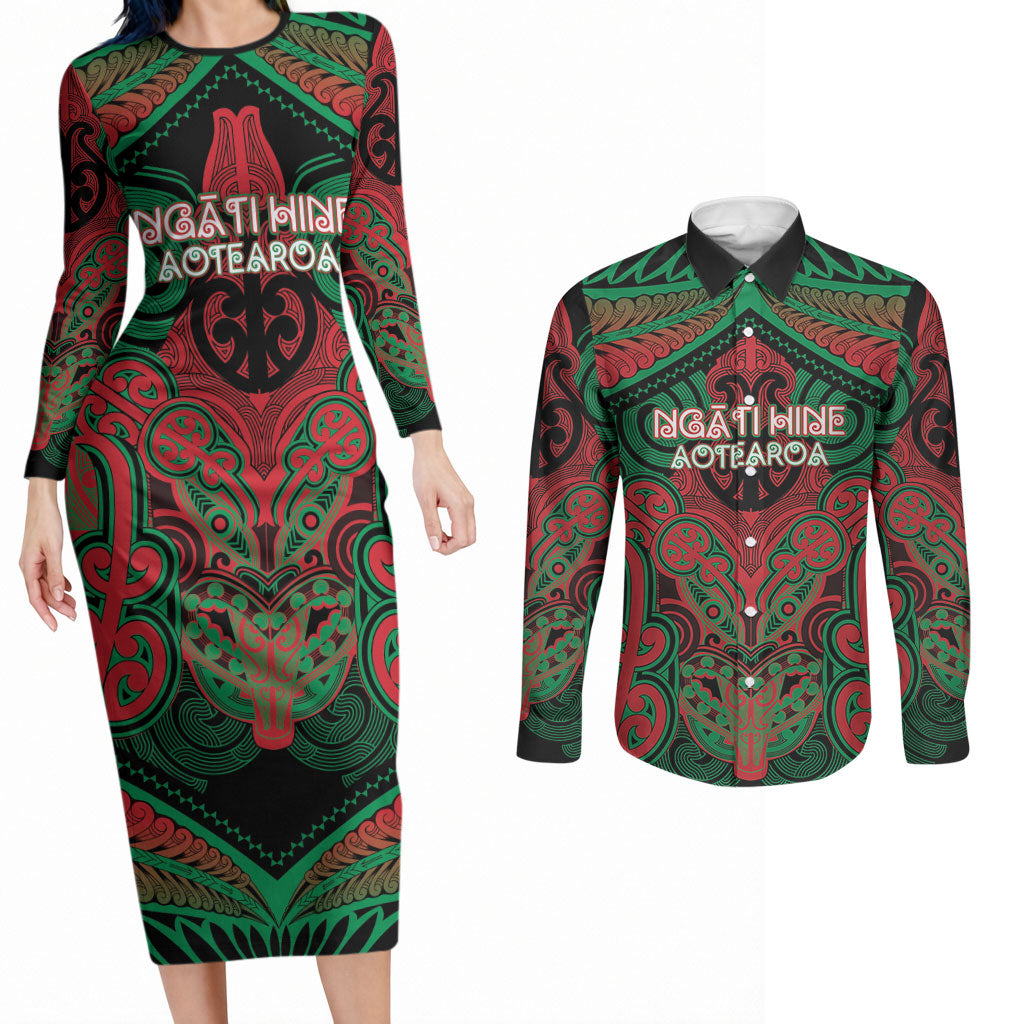 Aotearoa Iwi Ngati Hine Personalised Couples Matching Long Sleeve Bodycon Dress and Long Sleeve Button Shirt Maori Kowhaiwhai Pattern