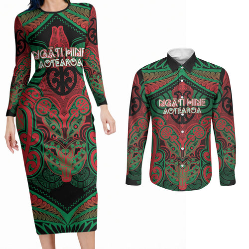 Aotearoa Iwi Ngati Hine Personalised Couples Matching Long Sleeve Bodycon Dress and Long Sleeve Button Shirt Maori Kowhaiwhai Pattern