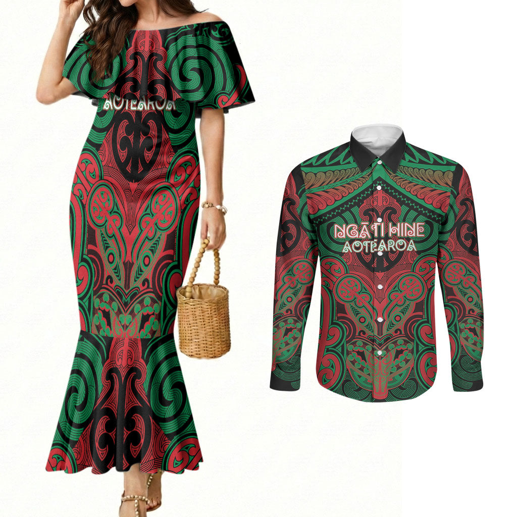 Aotearoa Iwi Ngati Hine Personalised Couples Matching Mermaid Dress and Long Sleeve Button Shirt Maori Kowhaiwhai Pattern