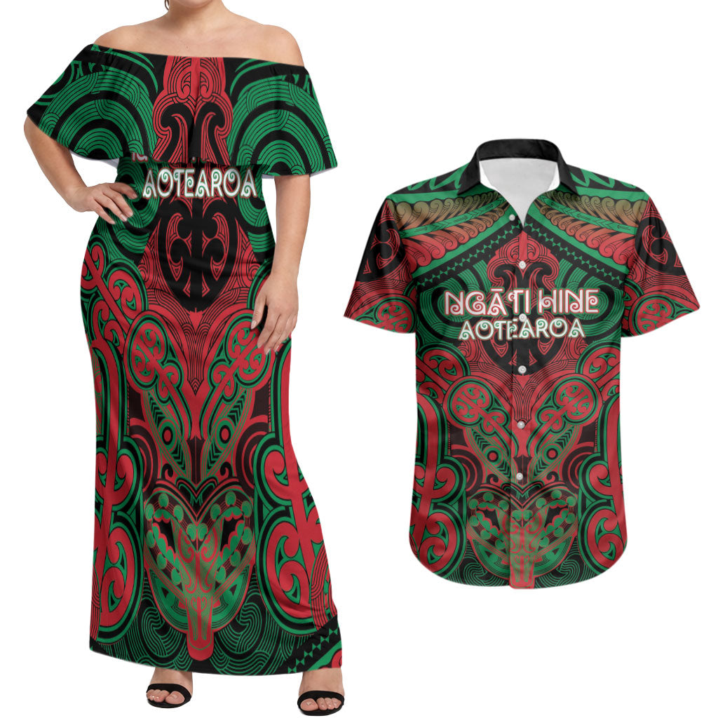 Aotearoa Iwi Ngati Hine Personalised Couples Matching Off Shoulder Maxi Dress and Hawaiian Shirt Maori Kowhaiwhai Pattern